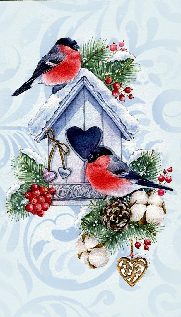 Winter Bullfinches diamond painting kit with tools and pre-sorted acrylic diamonds, showcasing vibrant colors and detailed design.